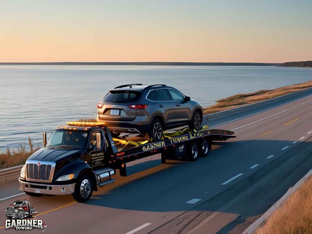 Professional flatbed towing service by Gardner Towing LLC rescuing a vehicle from the shoulder of I-196 near Lake Michigan shoreline