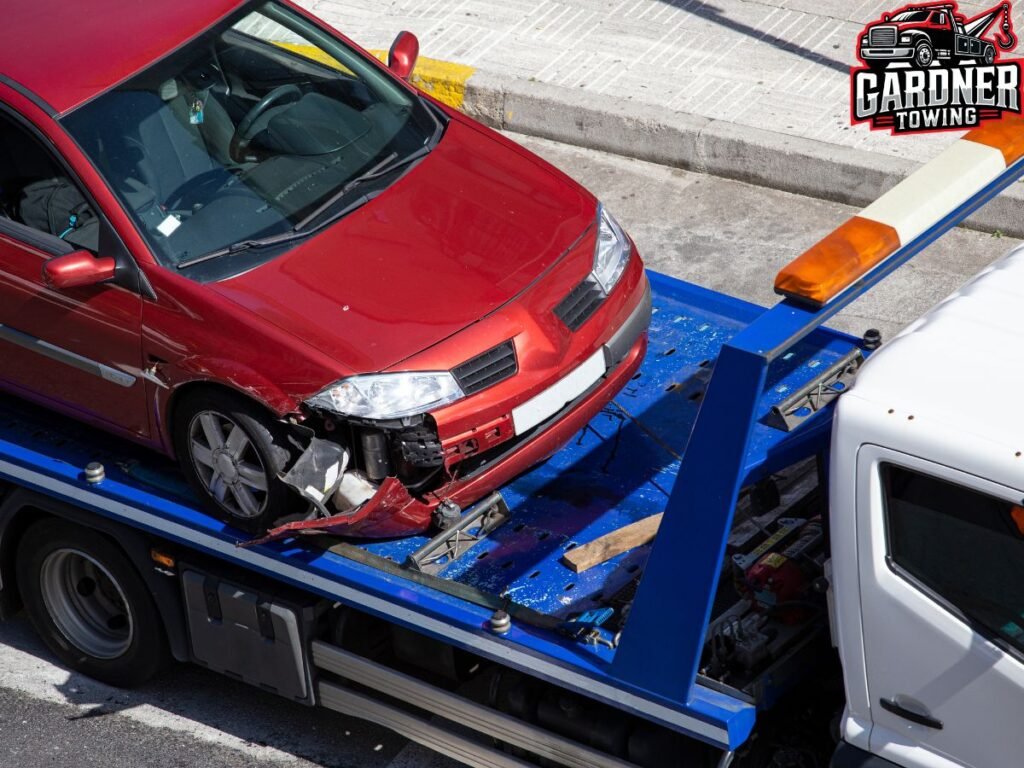 Gardner Towing LLC tow truck on M-140 near Covert MI 49043 showing affordable local towing rates for Van Buren County drivers