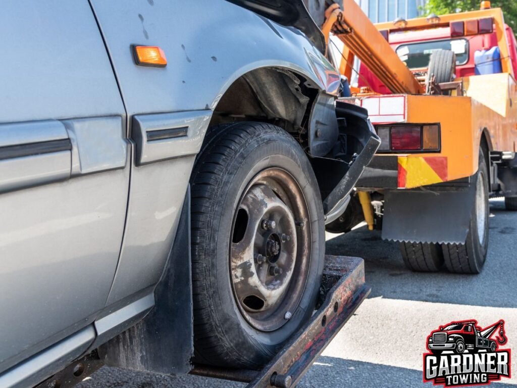 Wheel-lift towing service for standard passenger car on M-140 near Covert Michigan 49043 by Gardner Towing LLC